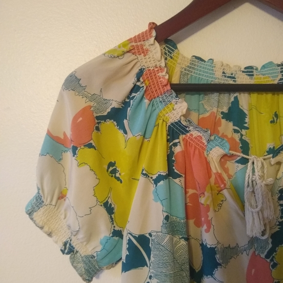 Joie | Colorful Abstract Retro-Inspired Floral Silk Peasant Blouse Top - Picture 5 of 6